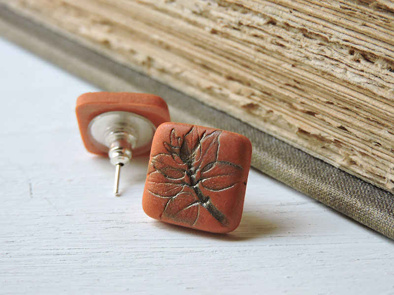 Orange and bronze square botanical button earrings by A Dream of